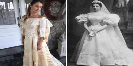 بالصور فتاة ترتدي فستان زفاف عمره 120 عاماً ارتدته 10 نساء قبلها