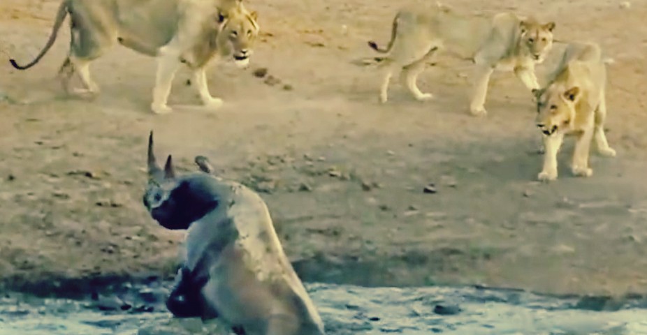 شاهد 3 أسود جائعة تحاول التهام وحيد القرن المعركة الحقيقية دارت خارج بركة الطين