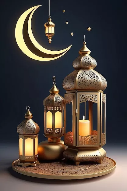 3d ramadan greetings with lantern crescent moon islamic holiday raya hari eid al adha 3d rendering 1254992 55548