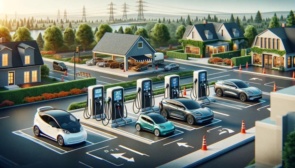 DALLC2B7E 2024 02 22 08.49.44 Create a wide image illustrating the range of electric vehicle EV charging station options available including Level 1 Level 2 and DC Fast Charge