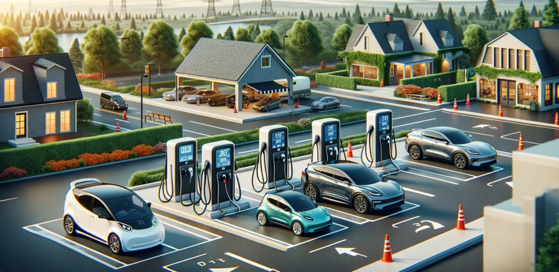 لماذا السيارات الكهربائية هي خيار المستقبل؟ 7 أسباب تجعلها الأفضل في الشرق الأوسط 1 DALLC2B7E 2024 02 22 08.49.44 Create a wide image illustrating the range of electric vehicle EV charging station options available including Level 1 Level 2 and DC Fast Charge