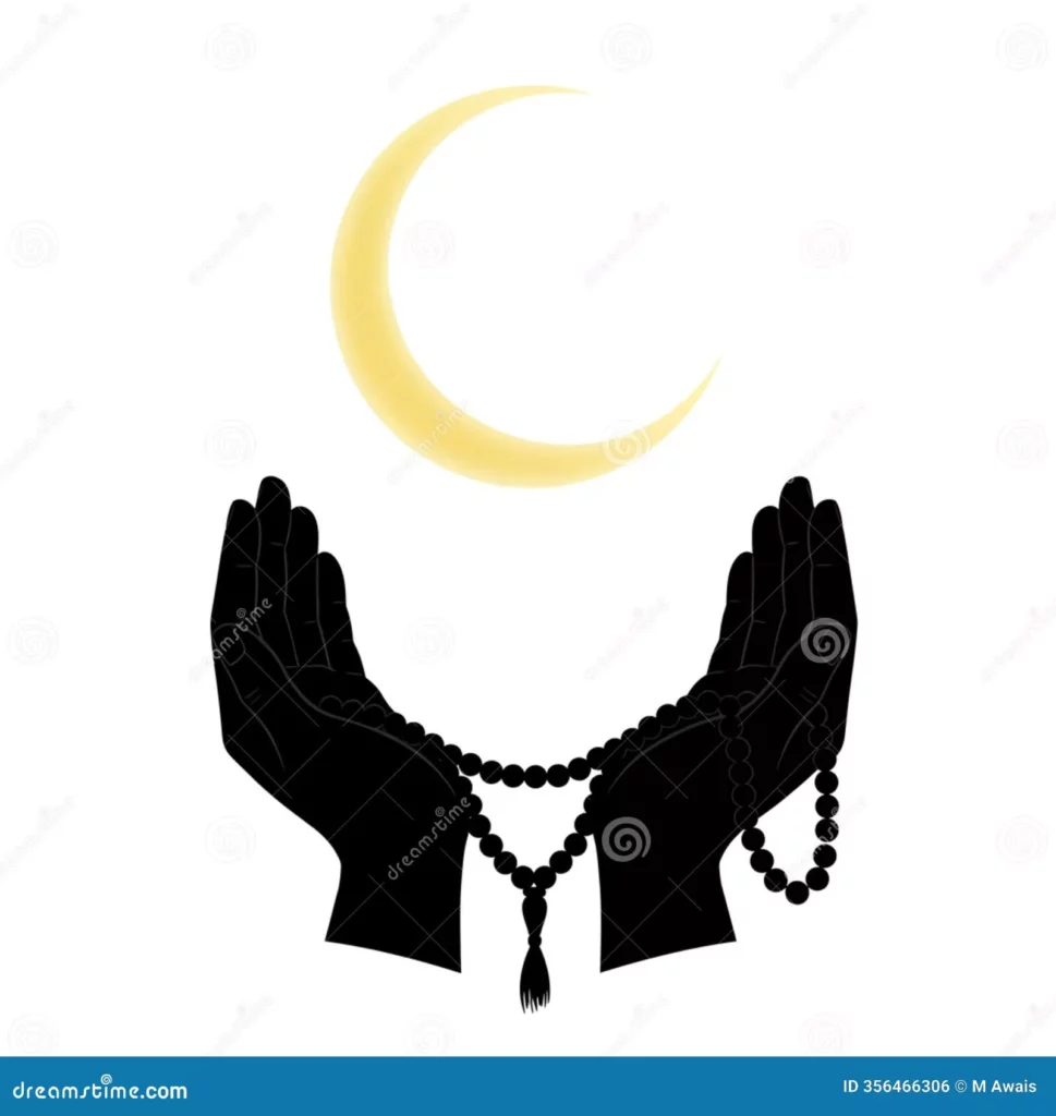 silhouette praying hands rosary under crescent moon spiritual religious image faith islamic religion dua eid hope holy 356466306