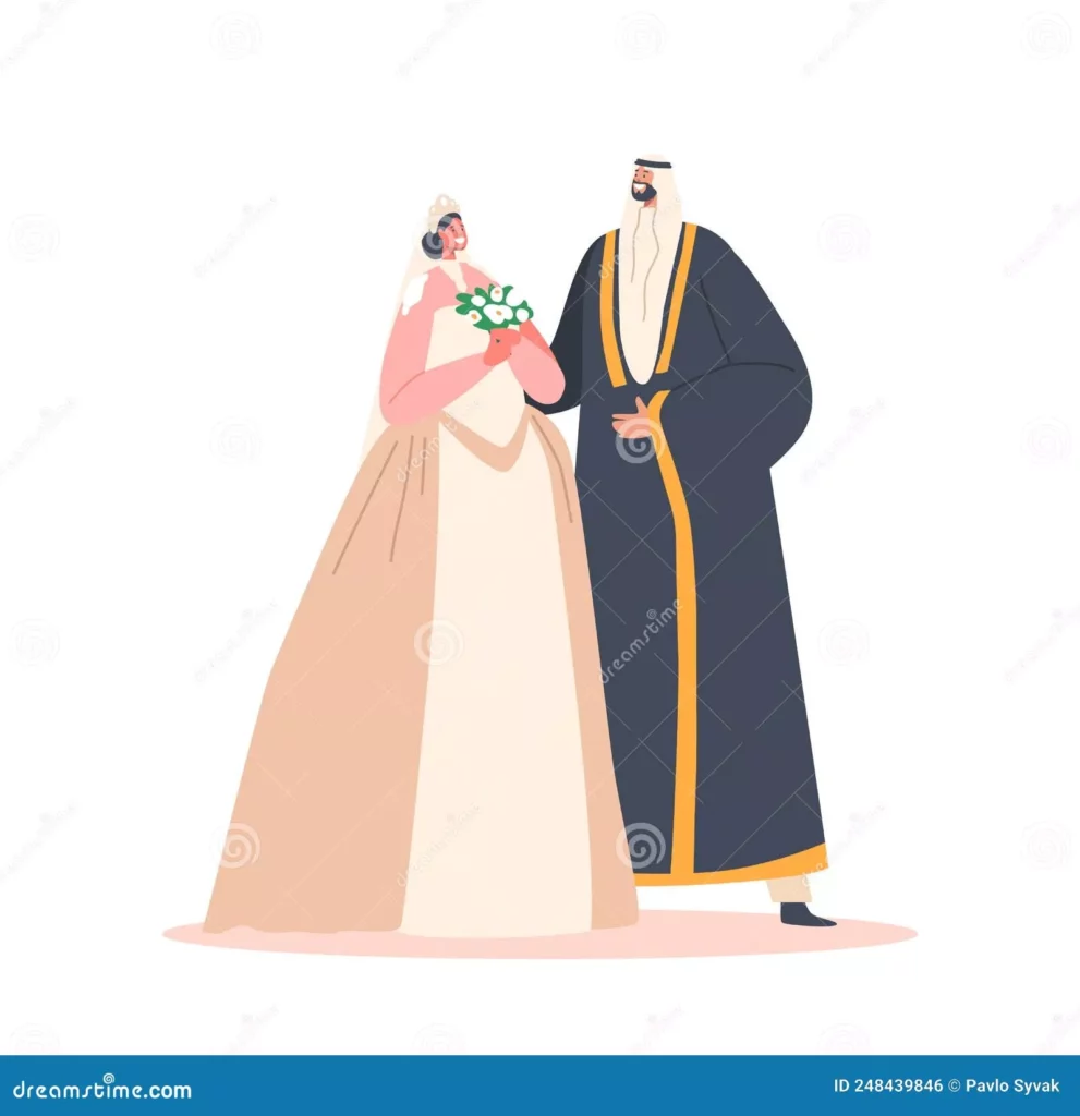traditional arab couple wedding ceremony muslim groom suit bride white dress holding bouquet newlywed man woman characters 248439846
