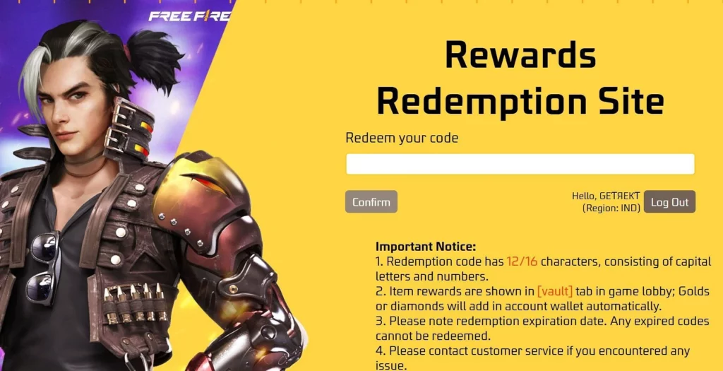 Free Fire redeem codes reward screen