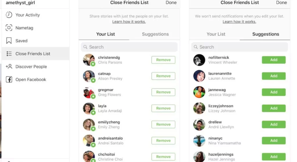 Instagram close friends feature screen